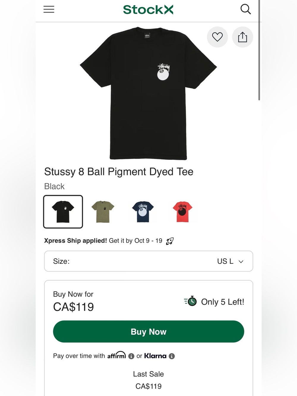 Stussy 8 Ball Pigment Dyed Tee
Black